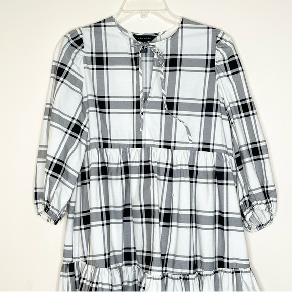 New Look Asos White and Black Plaid Tie Neck Tiered Dress US 4 - Picture 4 of 8